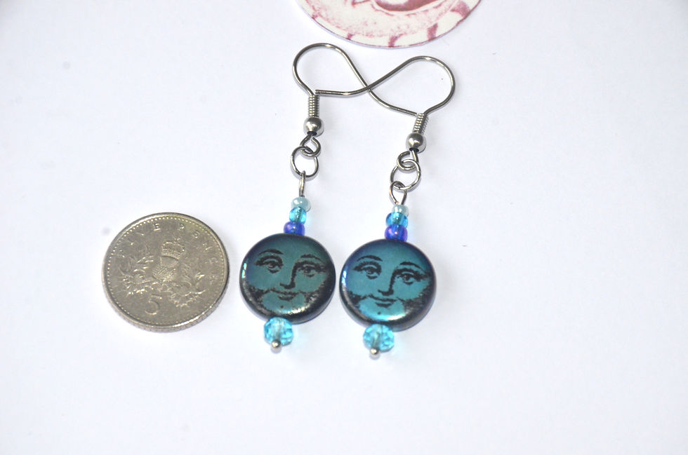 Thumbnail: Czech Glass Blue Iridescent Moon Face Earrings Hypoallergenic Hooks