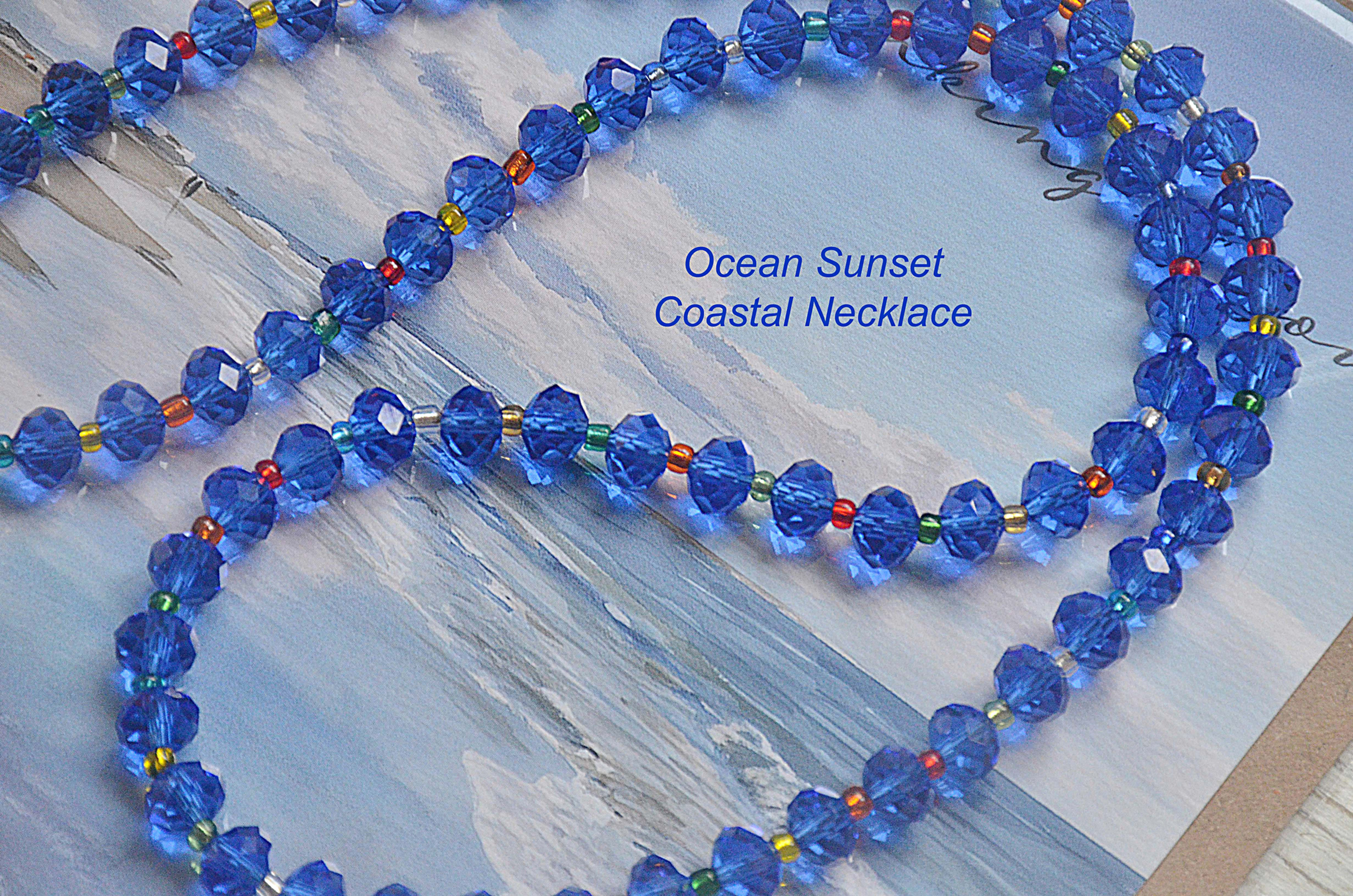 Ocean Sunset Faceted Glass Beaded Necklace Cobalt Blue with Multi Coloured Beads