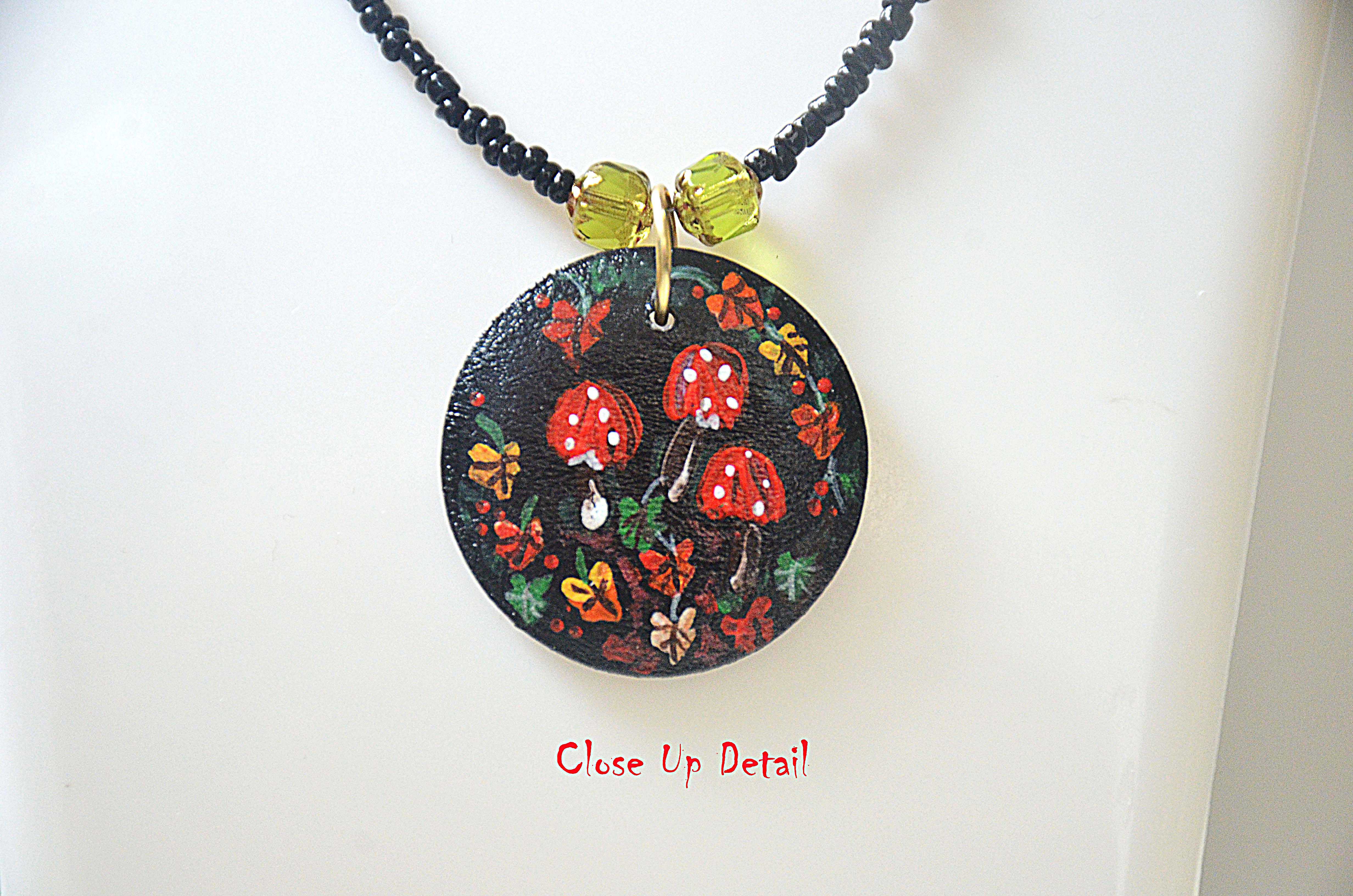 Handpainted Fairy Toadstool & Autumn Leaves Wood Pendant Includes Gift Box