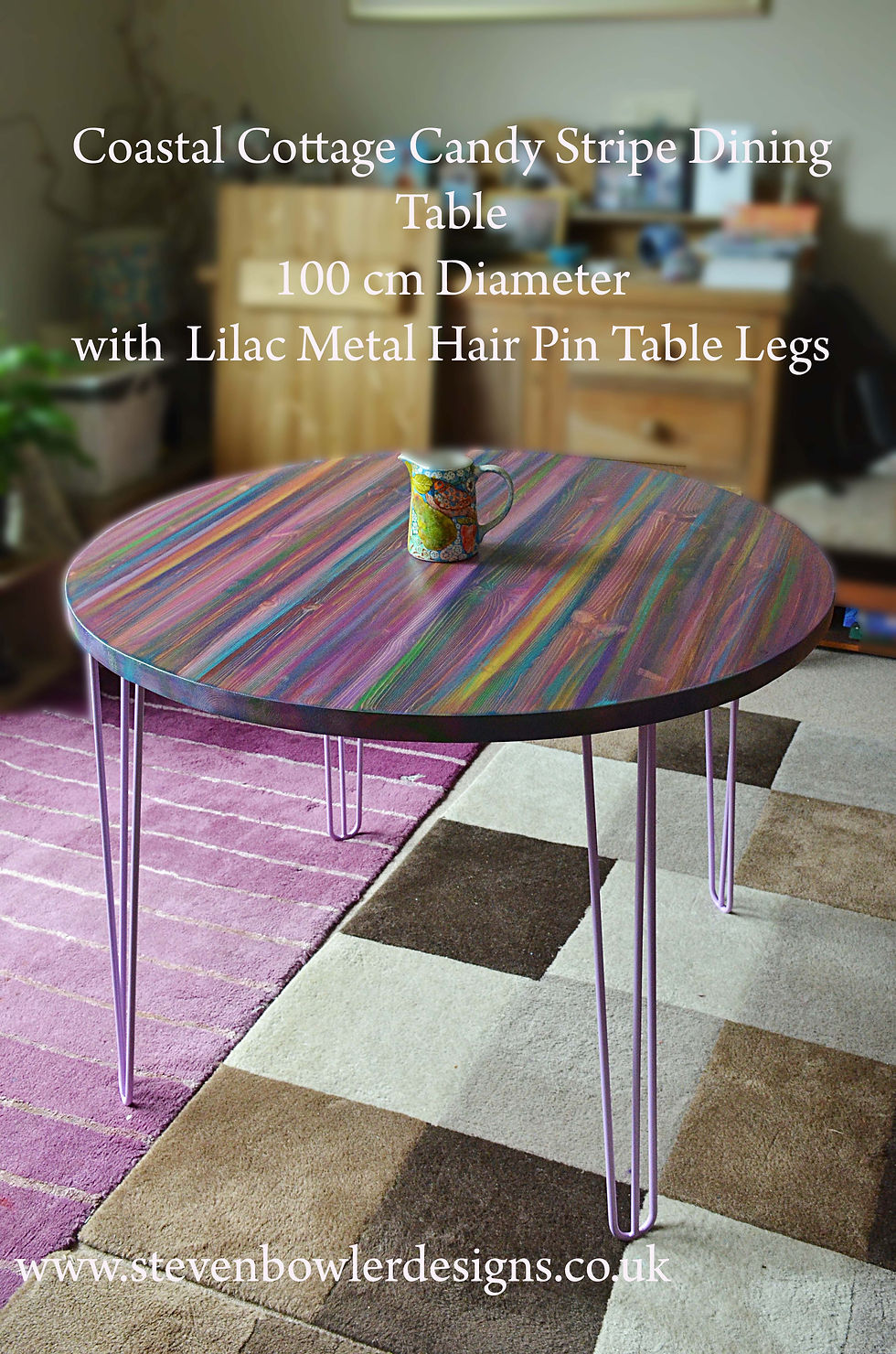 Thumbnail: Coastal Cottage 100cm Diameter Candy Stripe Dining Table with Lilac Legs