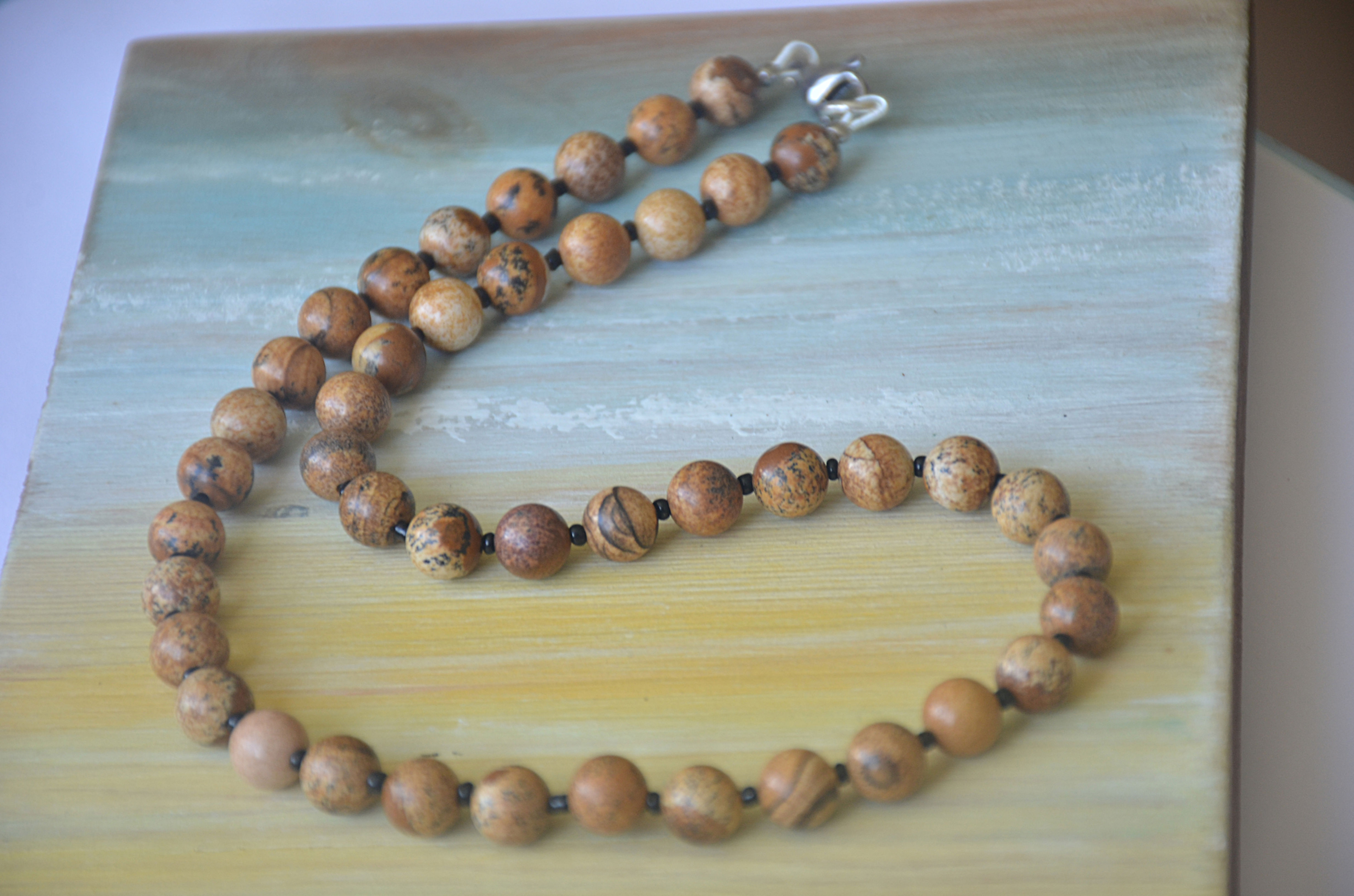 Picture Jasper Choker Length Beaded Necklace with Lobster Clasp Fastening