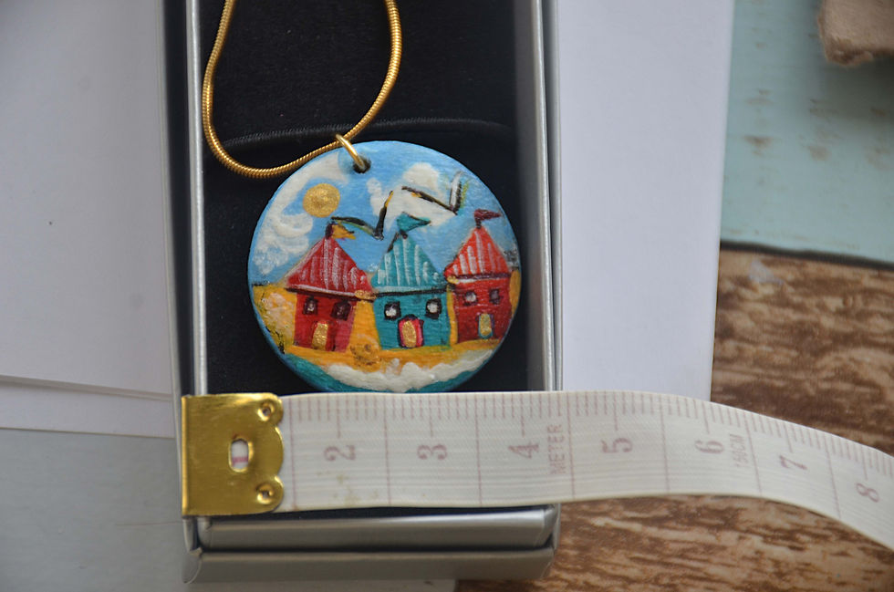 Thumbnail: Handpainted Beach Hut Round Wood Pendant 18" Gold Plated Stainless Steel Chain