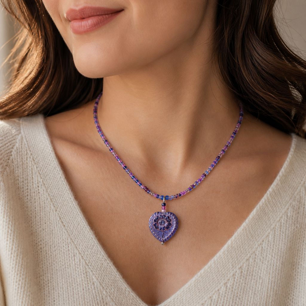 Heather Shimmer Seed Bead Necklace Choker with Heart Shape Floral Glass Pendant
