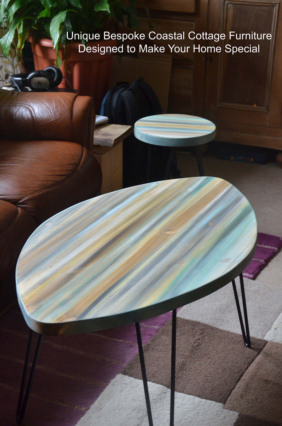 Thumbnail: Oval Shape Coastal Cottage Coffee Table Sandy Cove Colours Metal Hair Pin Legs