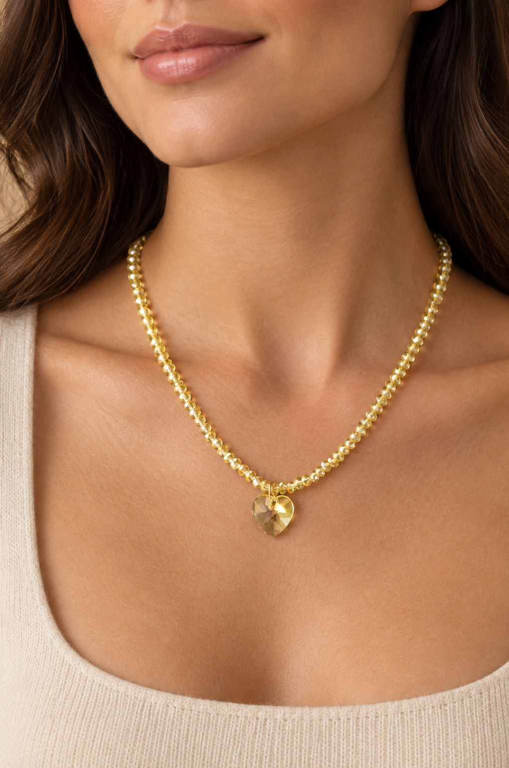 Sparkling Champagne Glass Bead Necklace with Heart Shape Glass Pendant