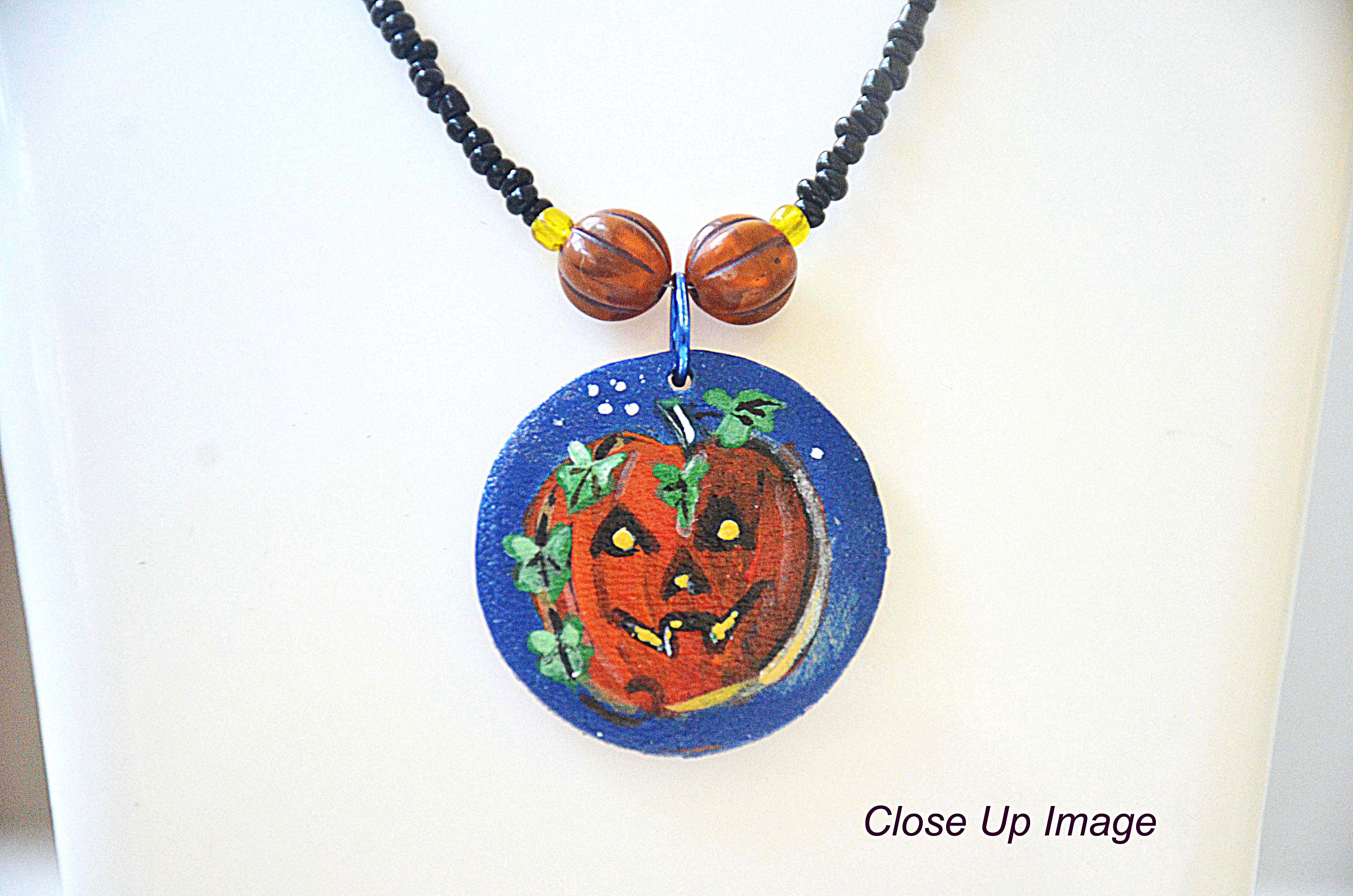 Hand Painted Halloween Pumpkin Lightweight Wood Pendant Seed Bead Necklace