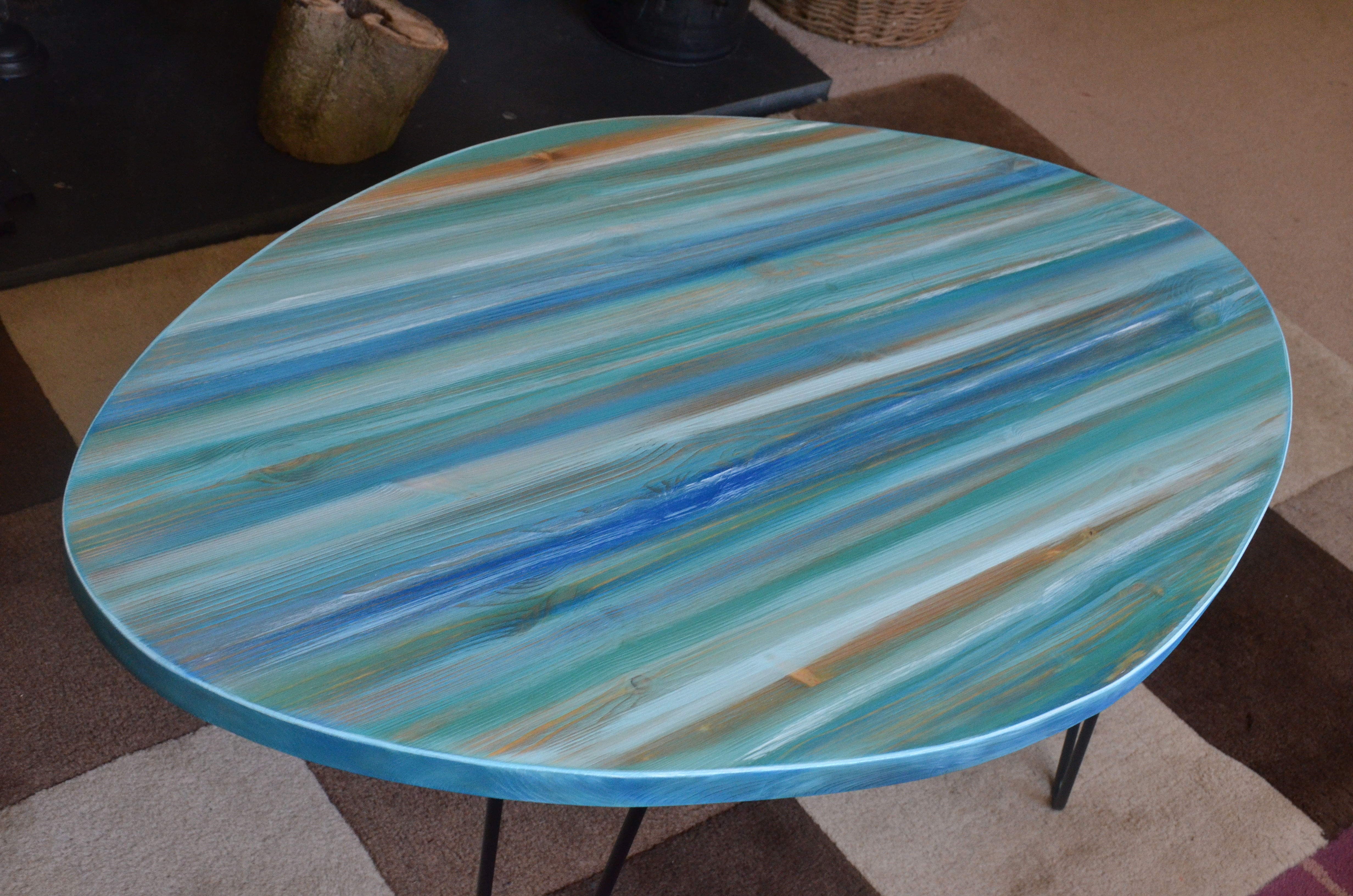 Oceans Blues Oval Shape Coastal Cottage Coffee Table with Metal Hair Pin Legs