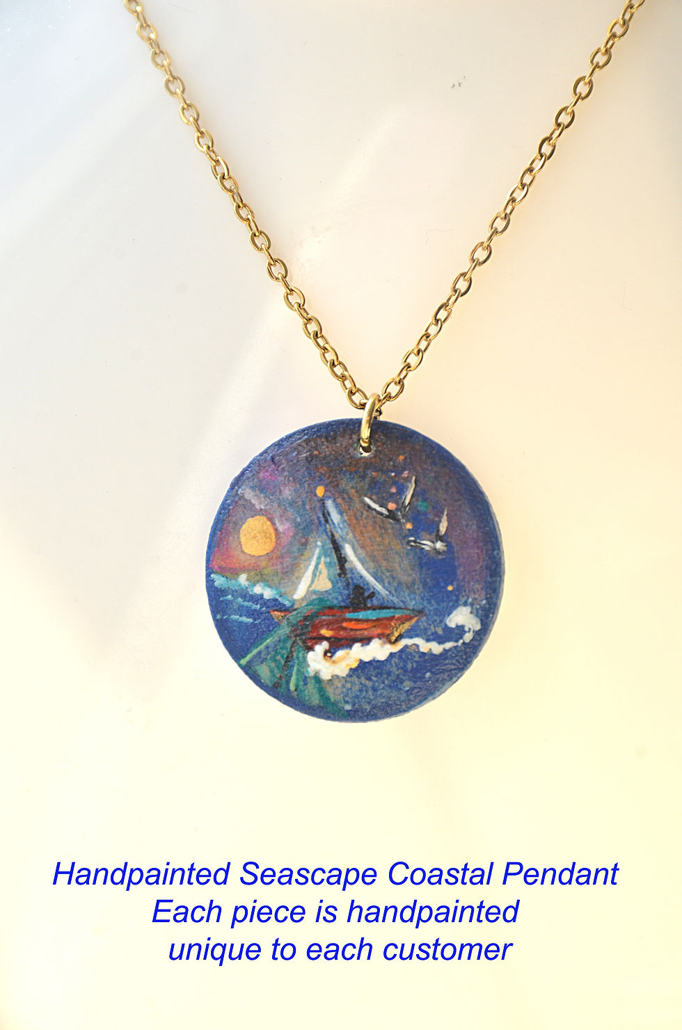 Thumbnail: Handpainted Seascape Pendant 'Dawn Fisherman' Unique Wearable Art
