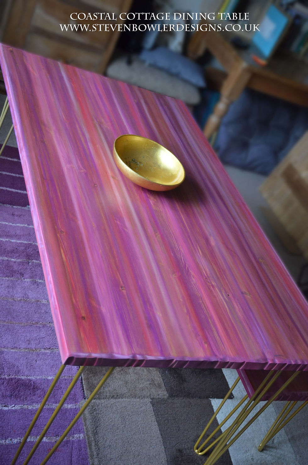 Thumbnail: Strawberry Fair Coastal Dining Table with Gold Metal Hair Pin Legs