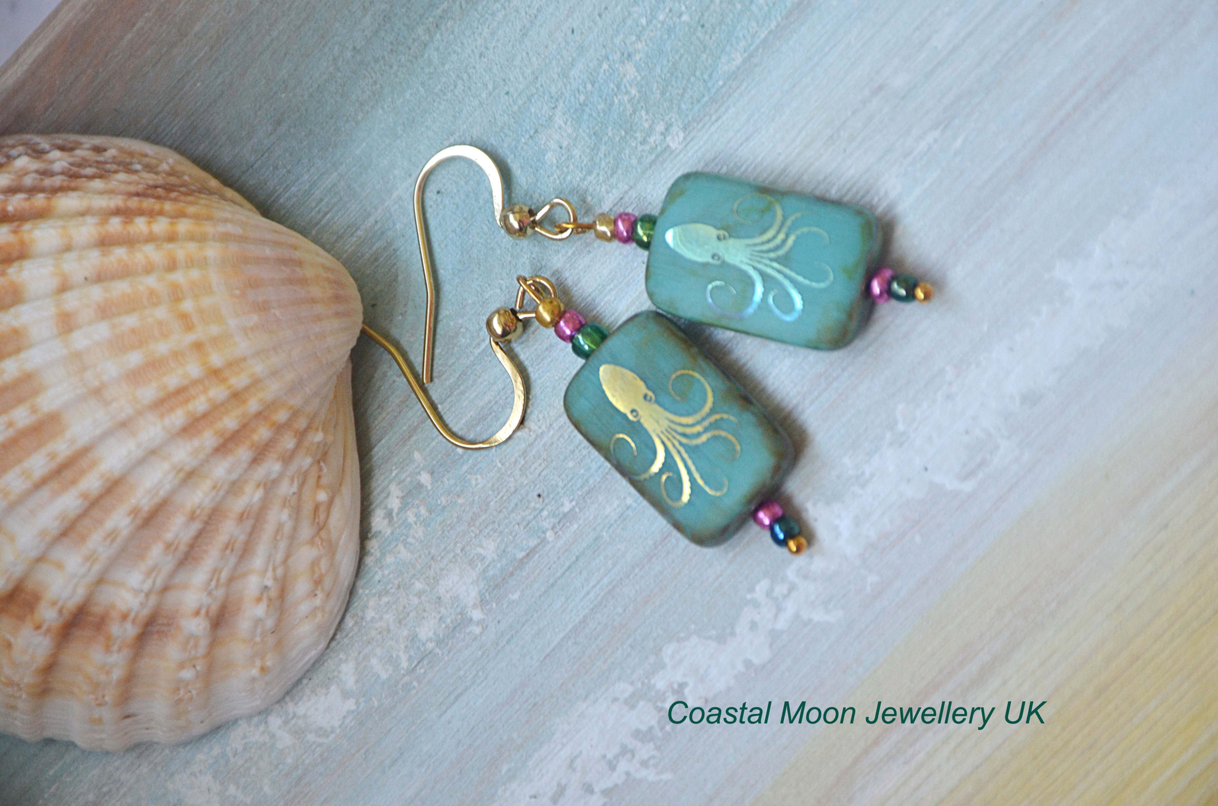 Czech Glass Lazer Etched Octopus Earrings with Gold Plated Stainless Steel Hooks