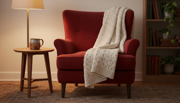 Eye-level view of a deep red velvet armchair beside a small wooden side table