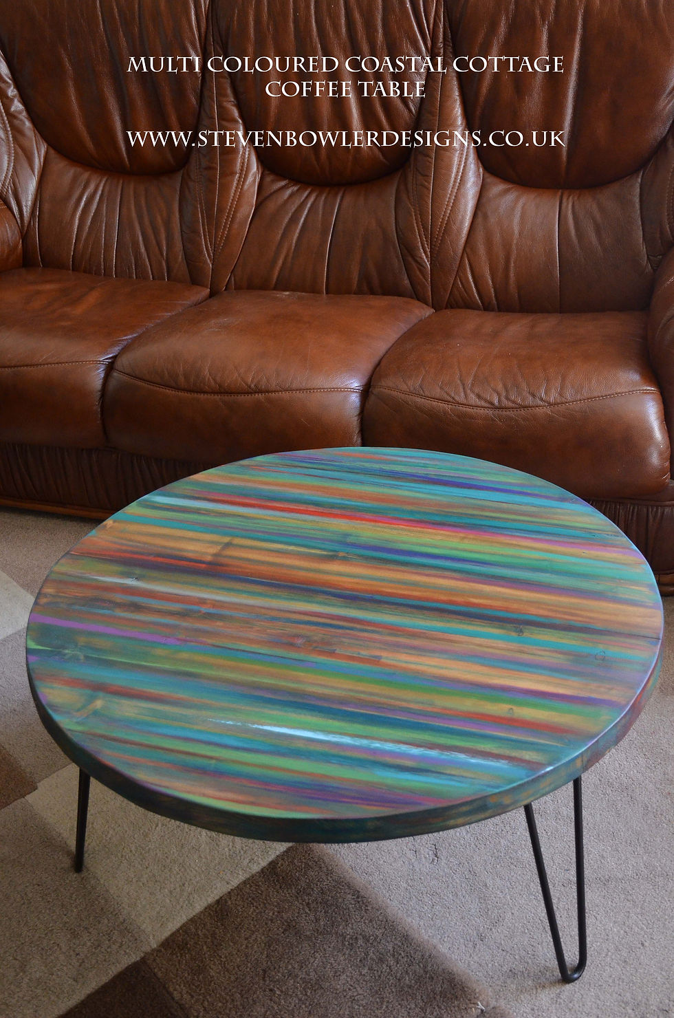 Thumbnail: 80 cm Round Multi Coloured Teal Blues, Reds & Greens Boatwood Style Coffee Table