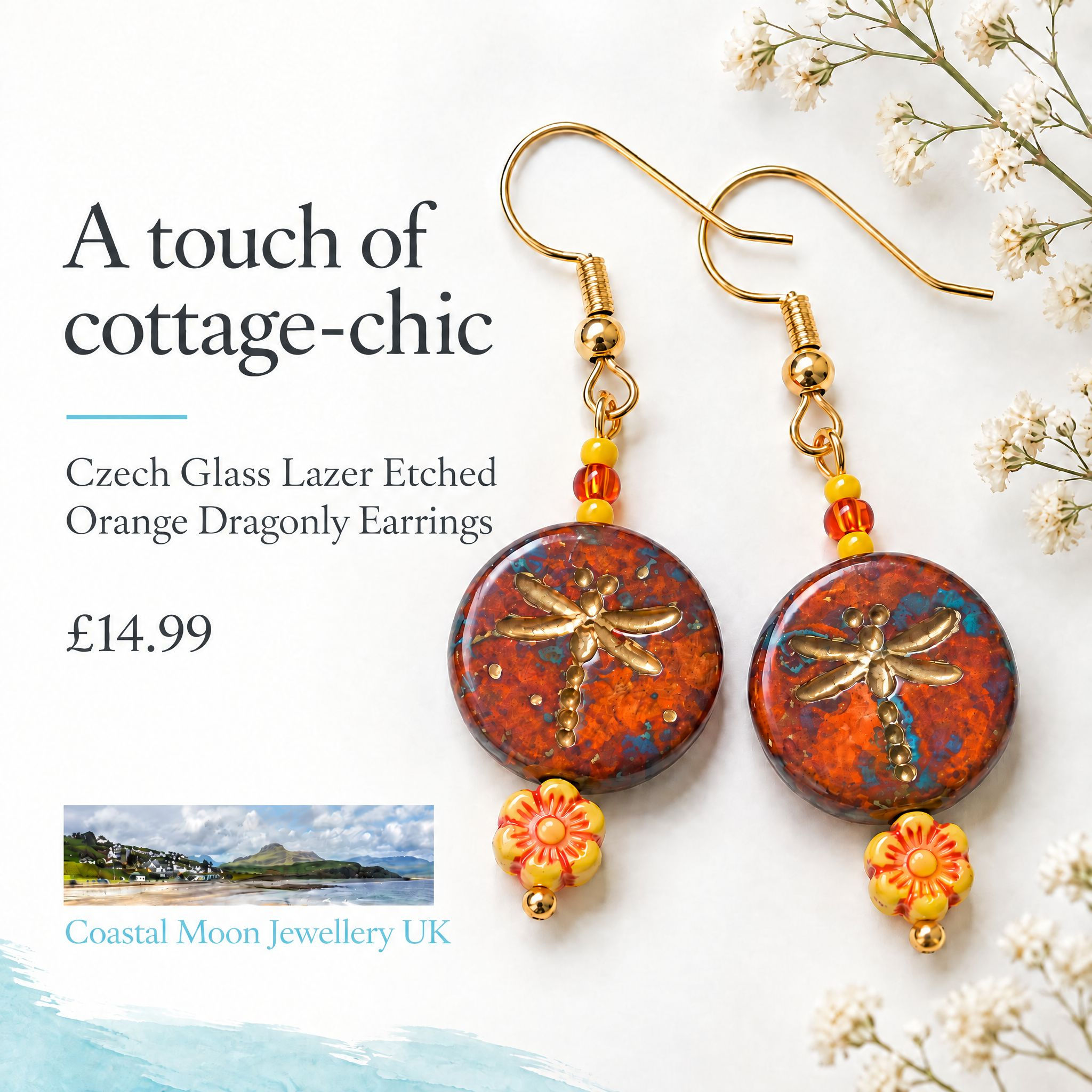 Czech Glass Lazer Etched Orange Dragonly Earrings with Hypoallergenic Hooks