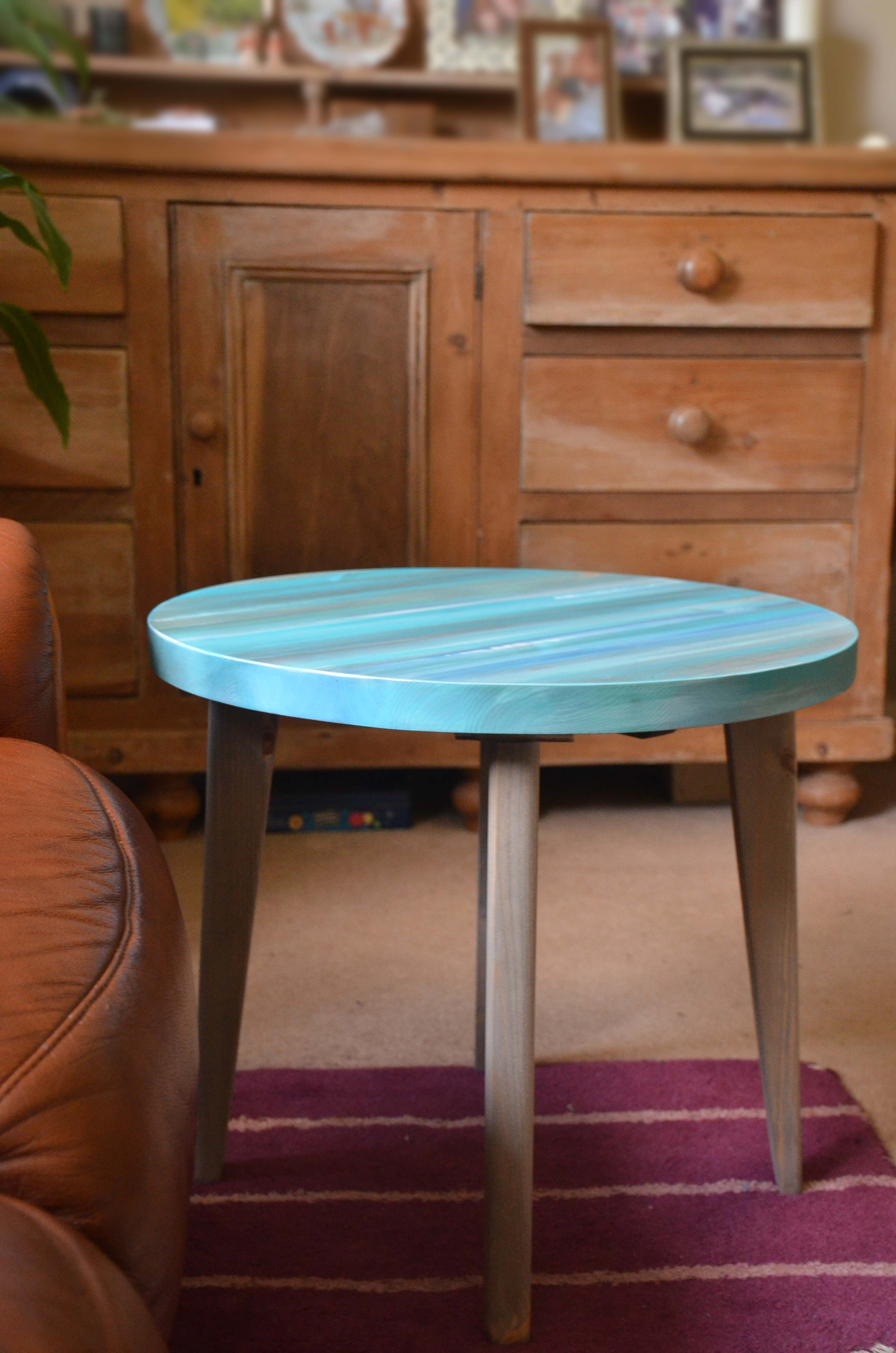 Bespoke Ocean Blue Coastal Cottage Side Table 50 cm Round Cloud Grey Wood Legs