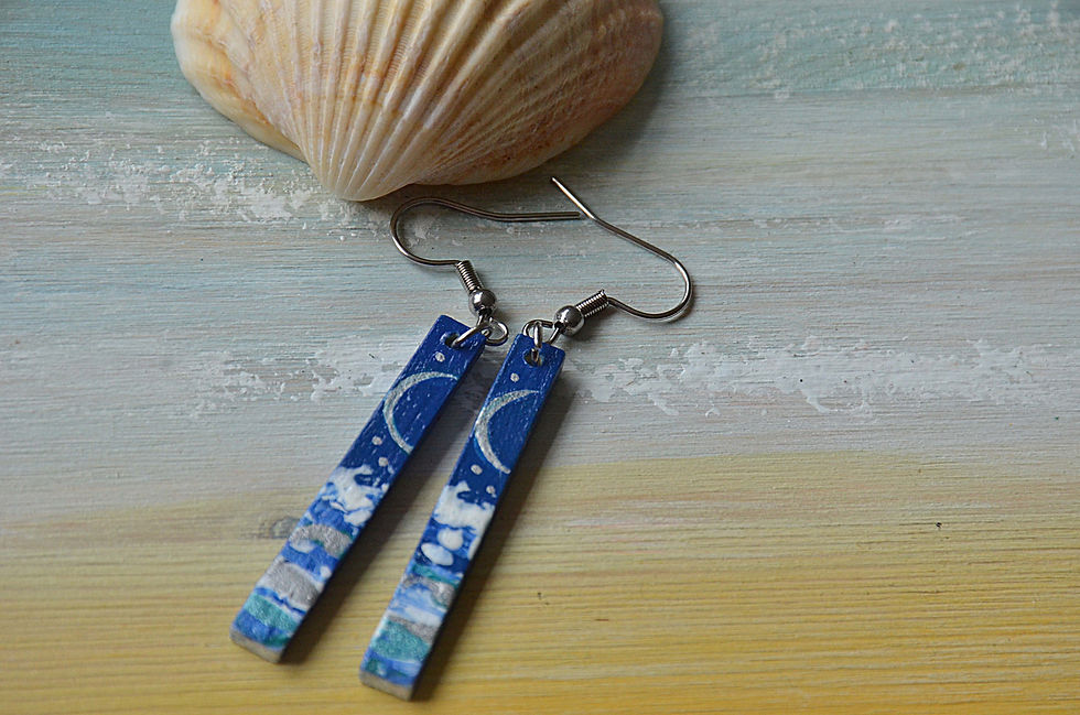 Thumbnail: Silver Crescent Moon Handpainted Wood Celestial Earrings