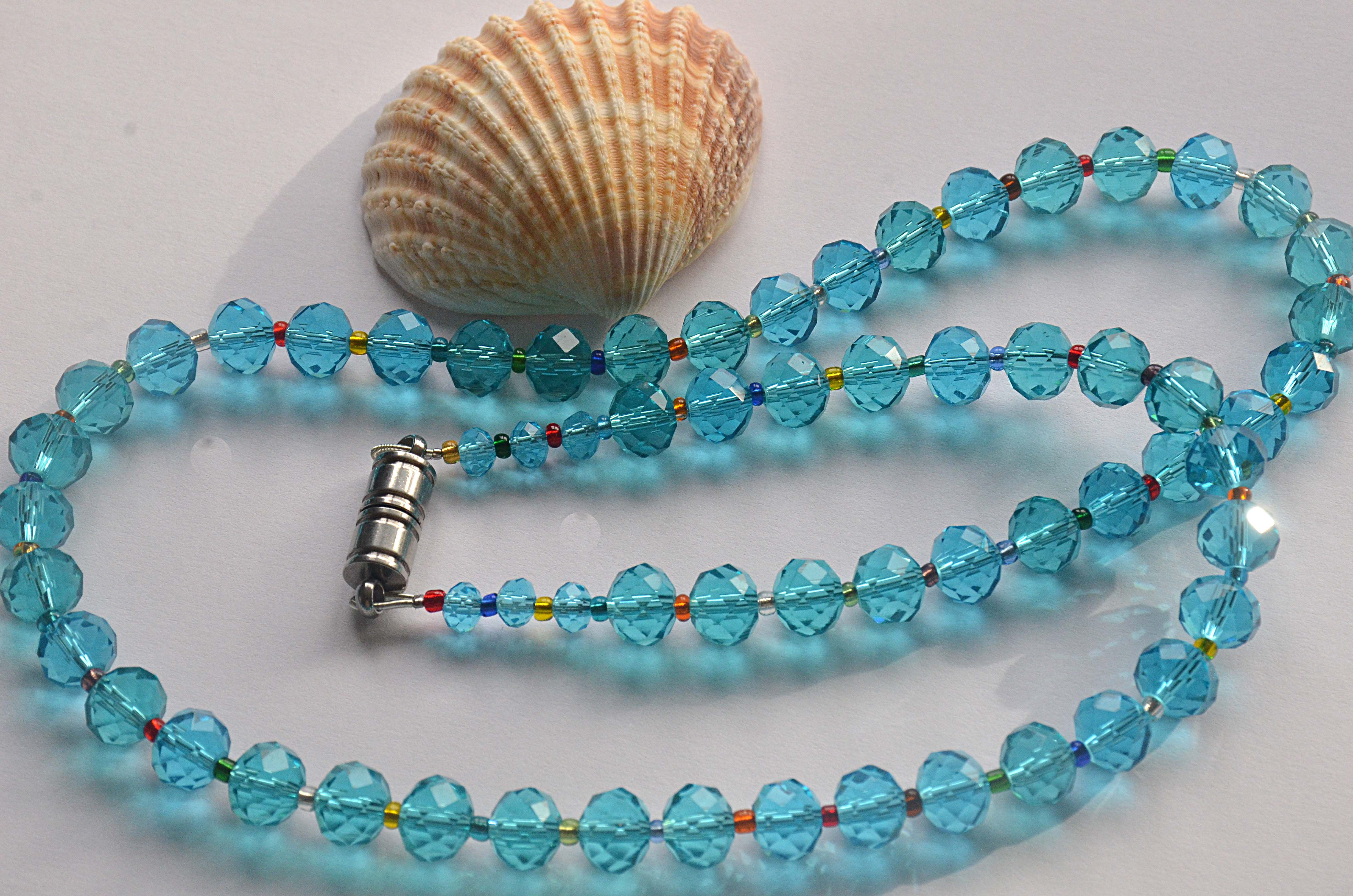 Ocean Sunset Faceted Glass Beaded Necklace Turquoise with Multi Coloured Beads