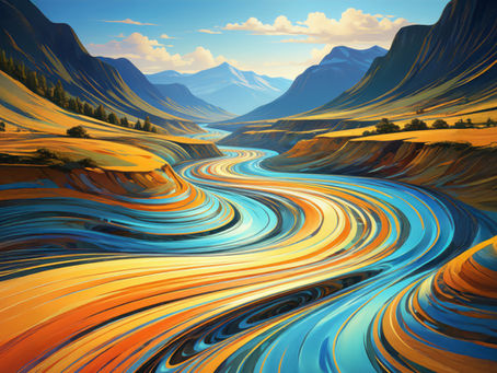 Winding river between mountains made of paint brush strokes