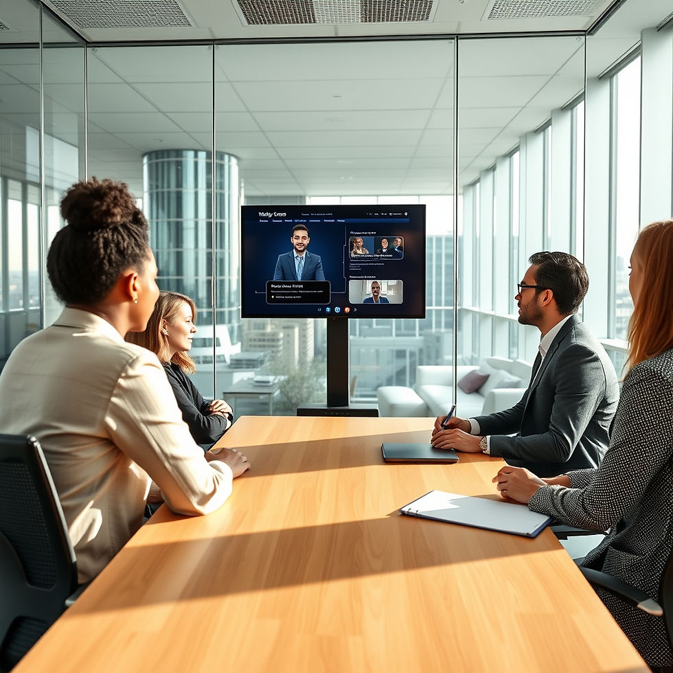 modern glass walled conference room in bright office with large windows and city views. 4