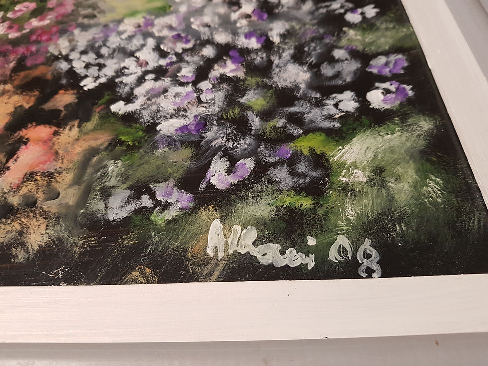 Miniature : Tableau signé daté titré :  Jardin en été. Peinture huile sur panneau. 