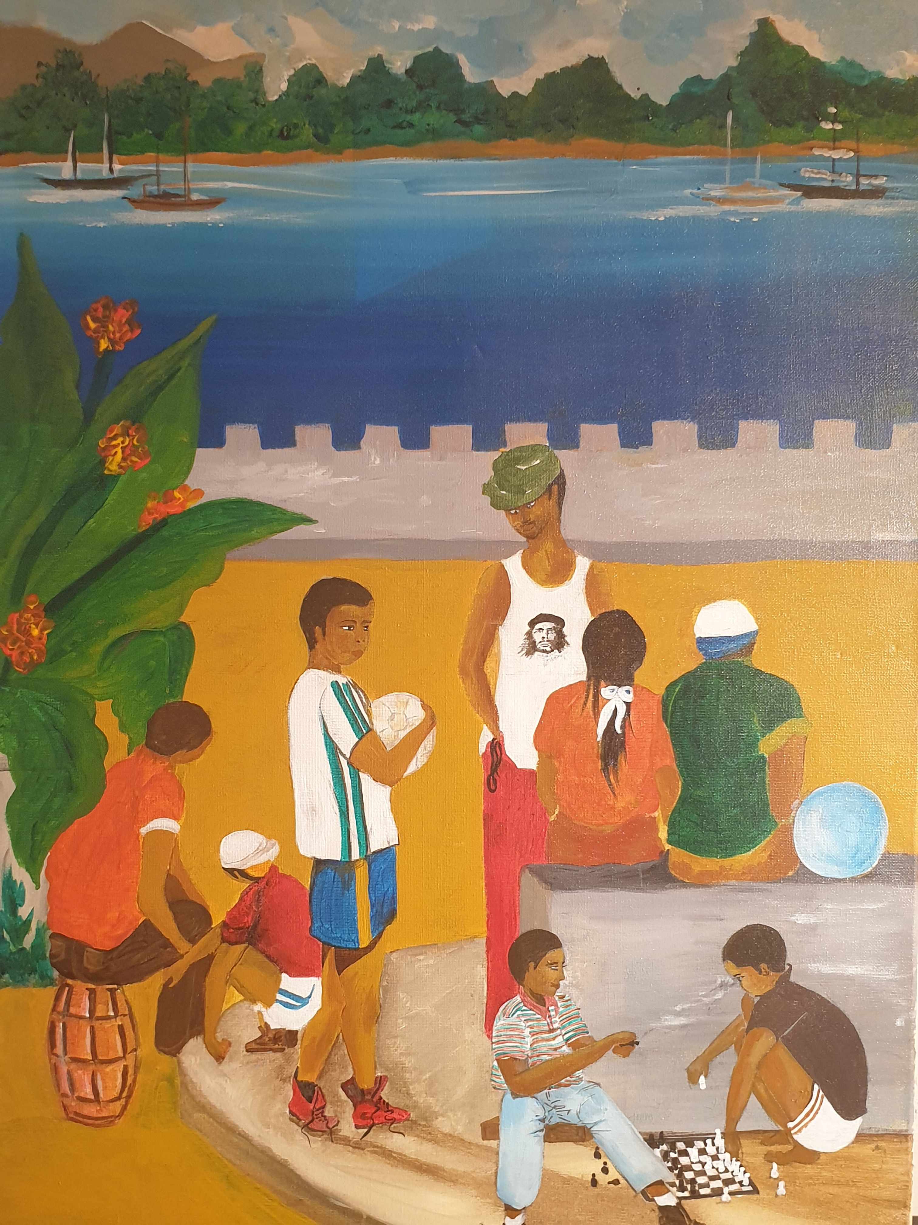 Tableau signé.  Paysage marin animé. Peinture huile sur toile 