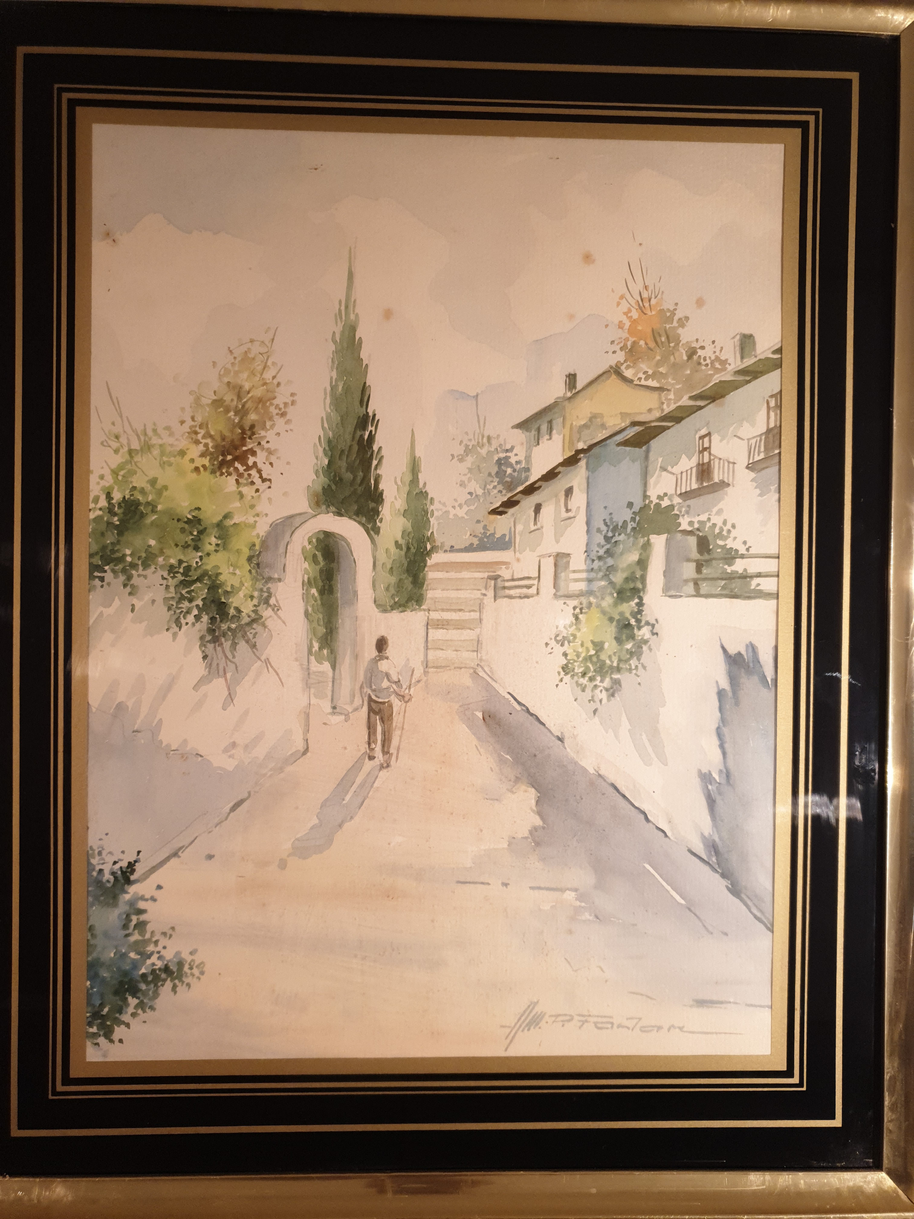 Tableau signé. Paysage animé. Aquarelle.