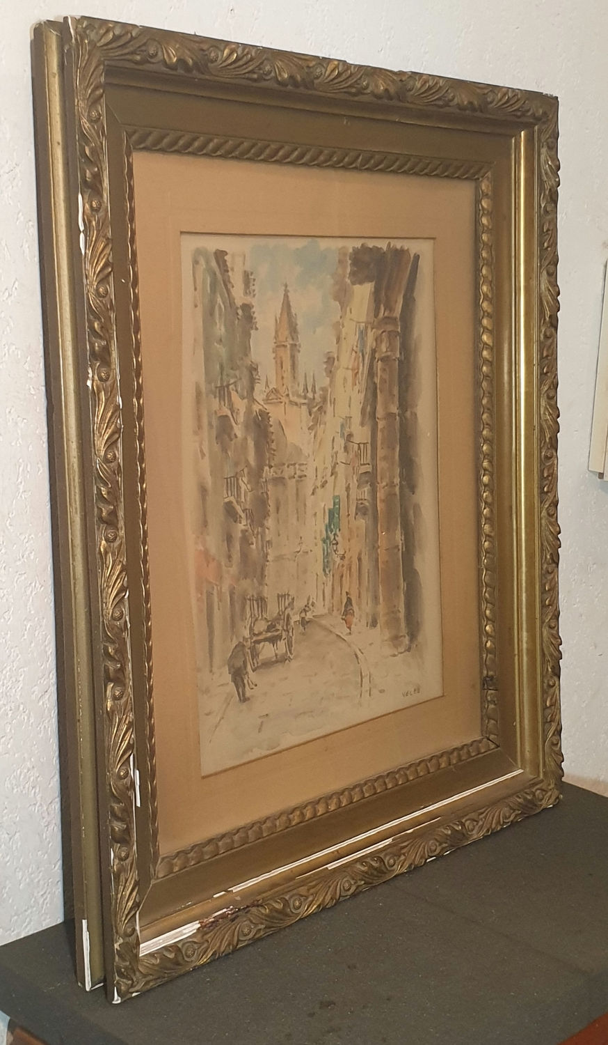 Miniature : Tableau ancien signé Velez. Aquarelle.  Paysage: vue d'une ruelle animé. 