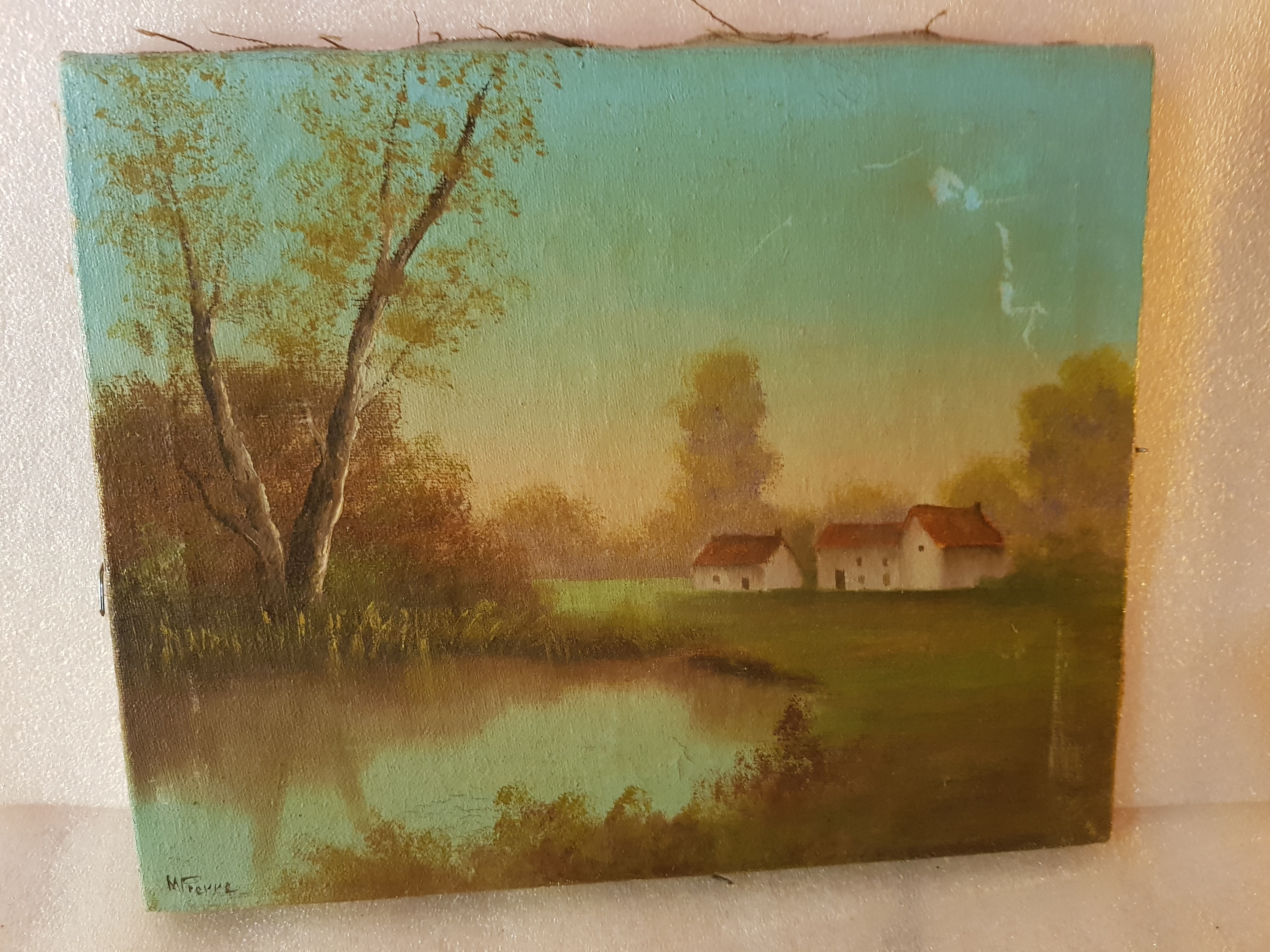 Tableau ancien signé M.Pierre. Paysage marin. Peinture huile sur toile.