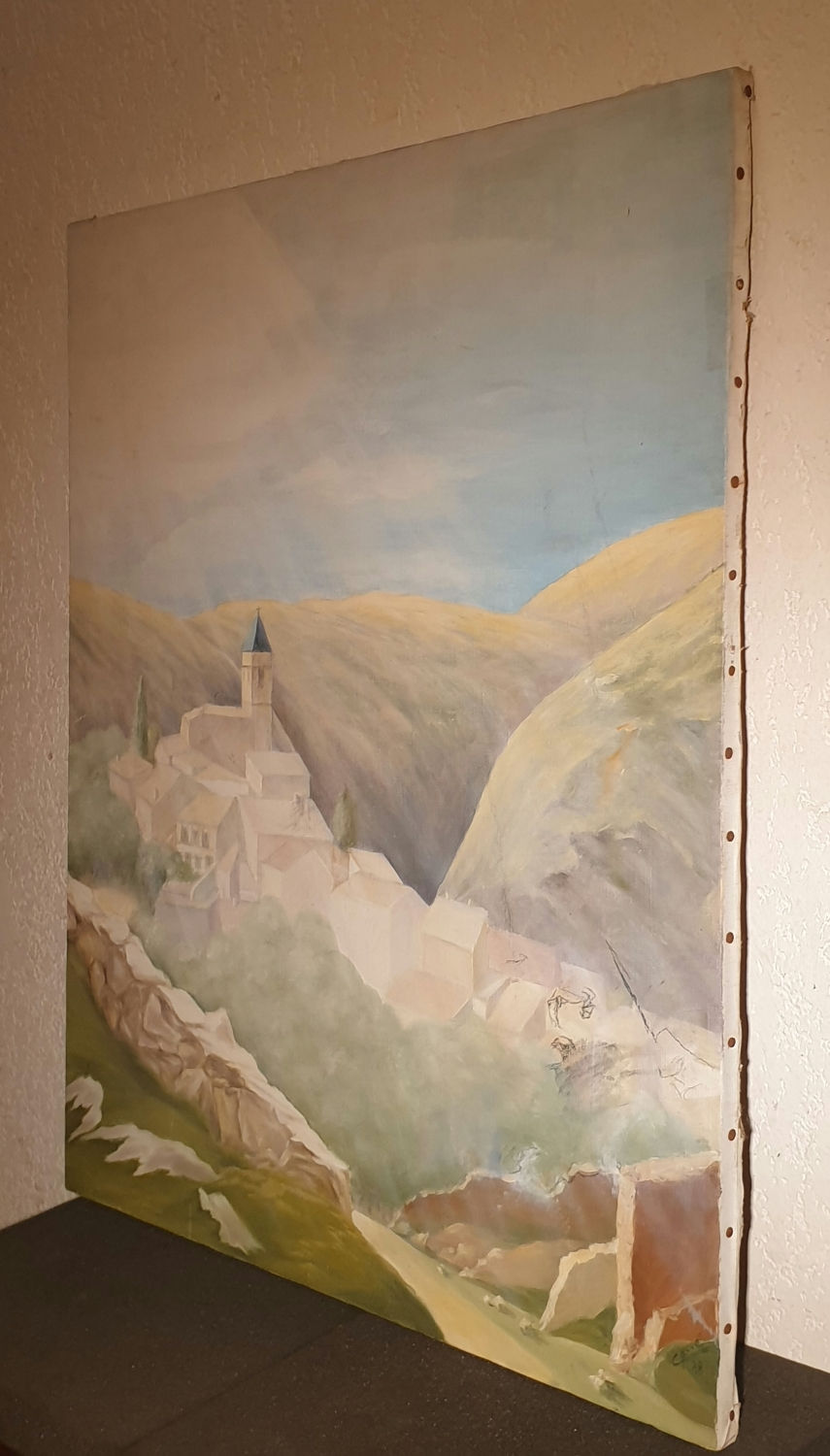 Miniature : Tableau ancien signé daté. Paysage : montagne.  Peinture huile sur toile. 