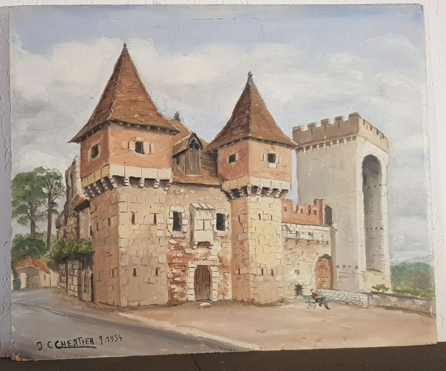 Tableau signé J  C Chertier daté 1954. Paysage animé. Peinture huile sur panneau