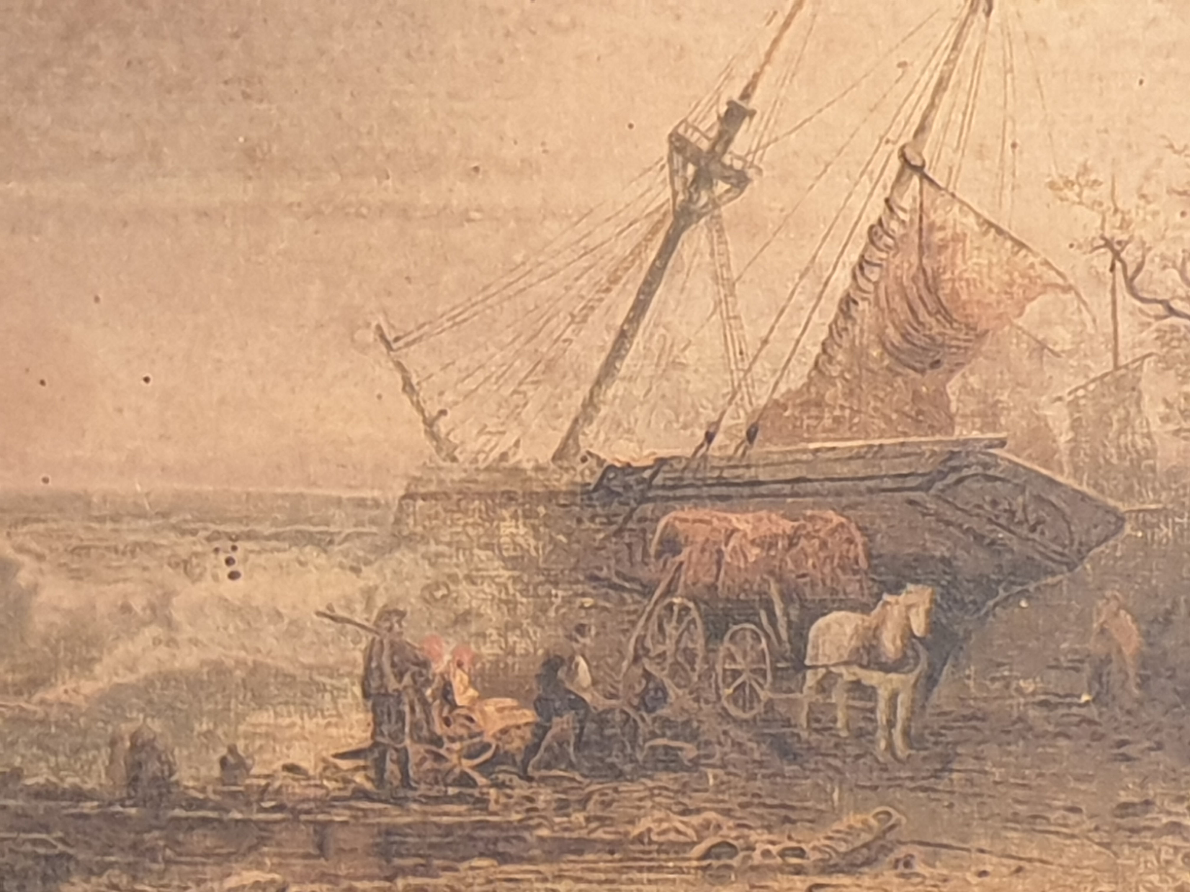 Tableau ancien signé.  Reproduction . Paysage marin animé .. 