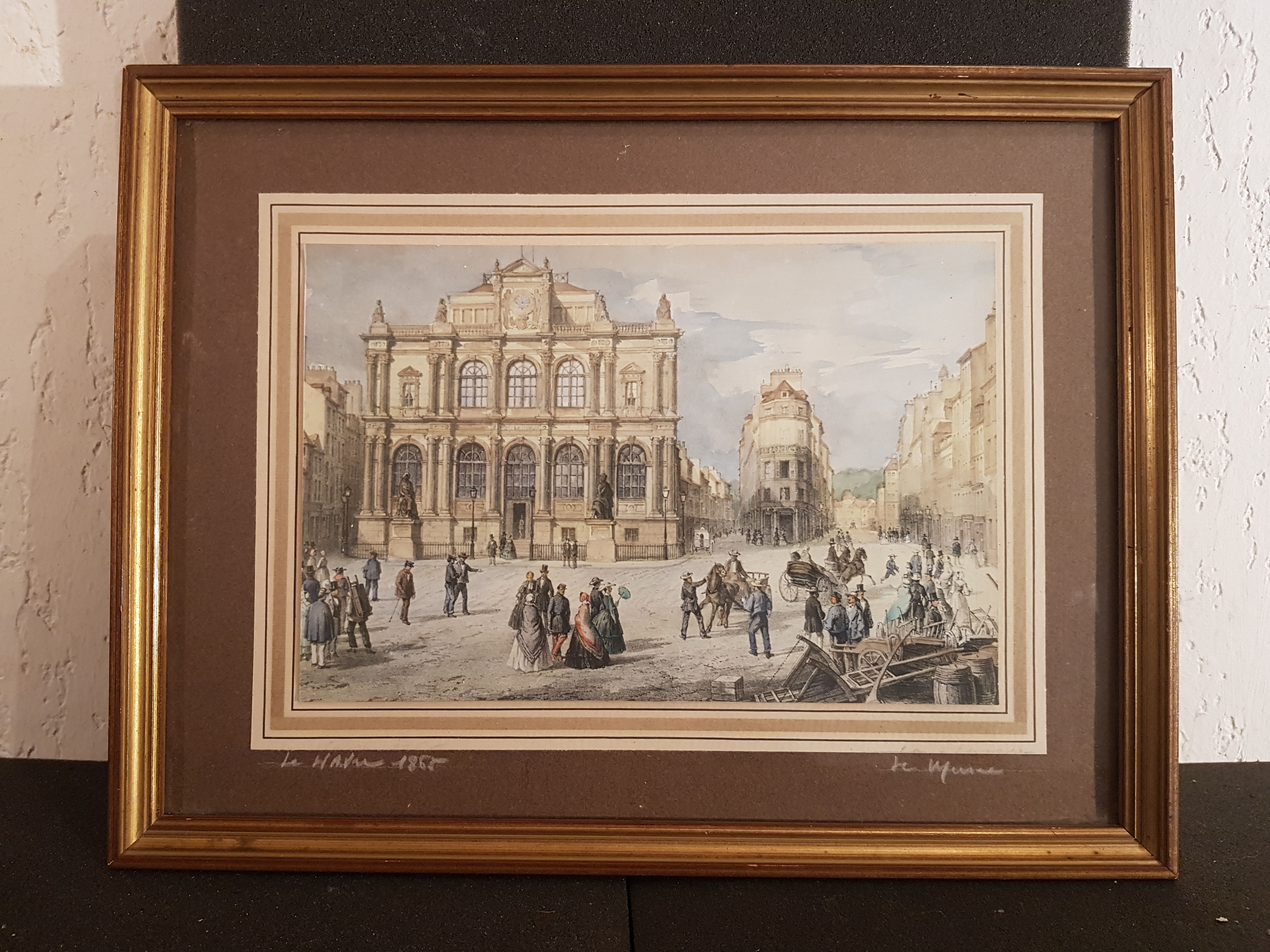 Tableau Gravure ancien signé. Paysage animé. 