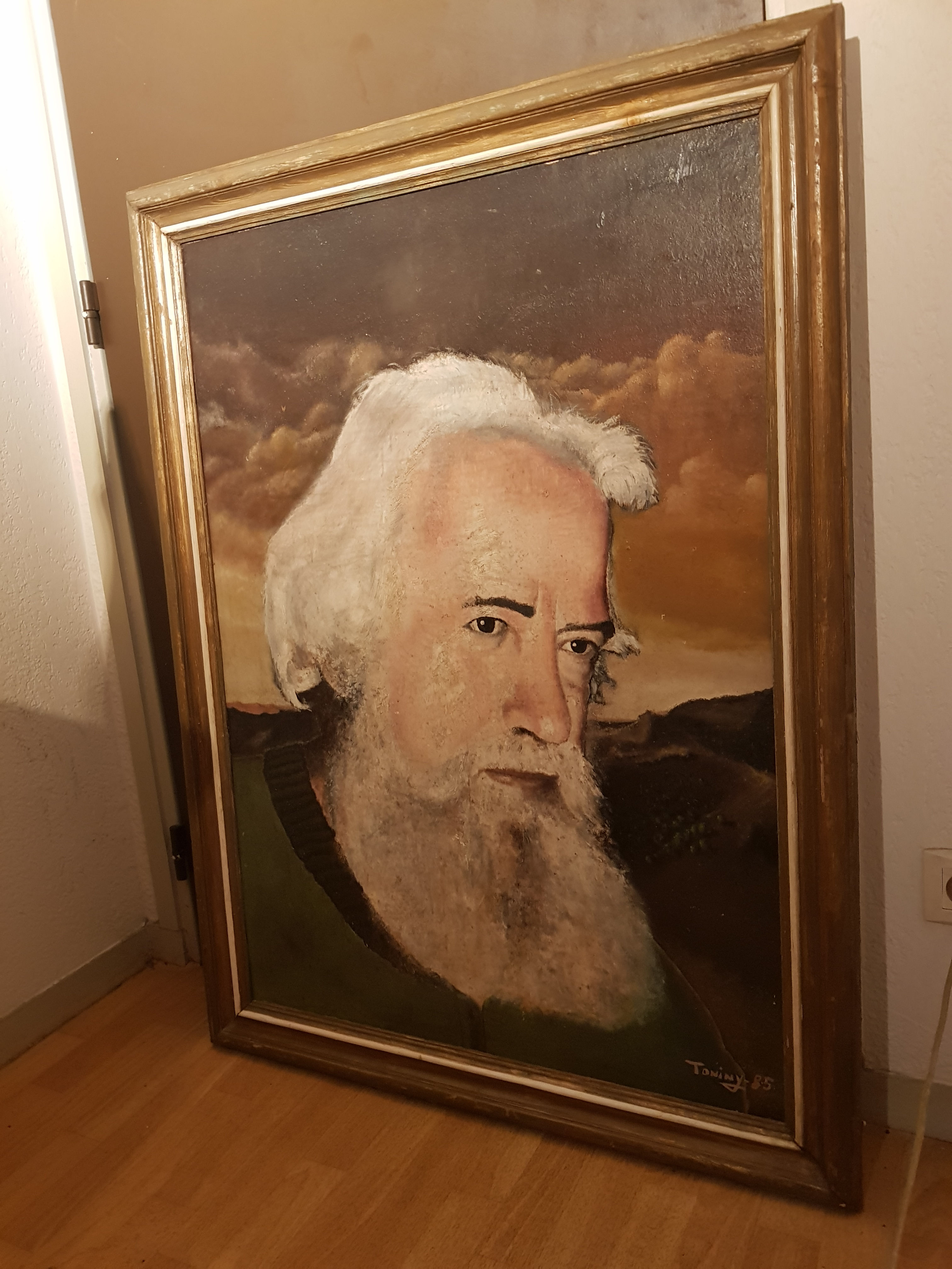 Grand tableau ancien signé. Portrait. Peinture huile sur panneau. 