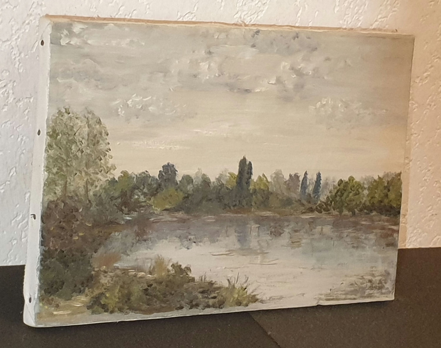 Tableau signé daté titré. Paysage ; bord de rivière. Peinture huile sur toile.