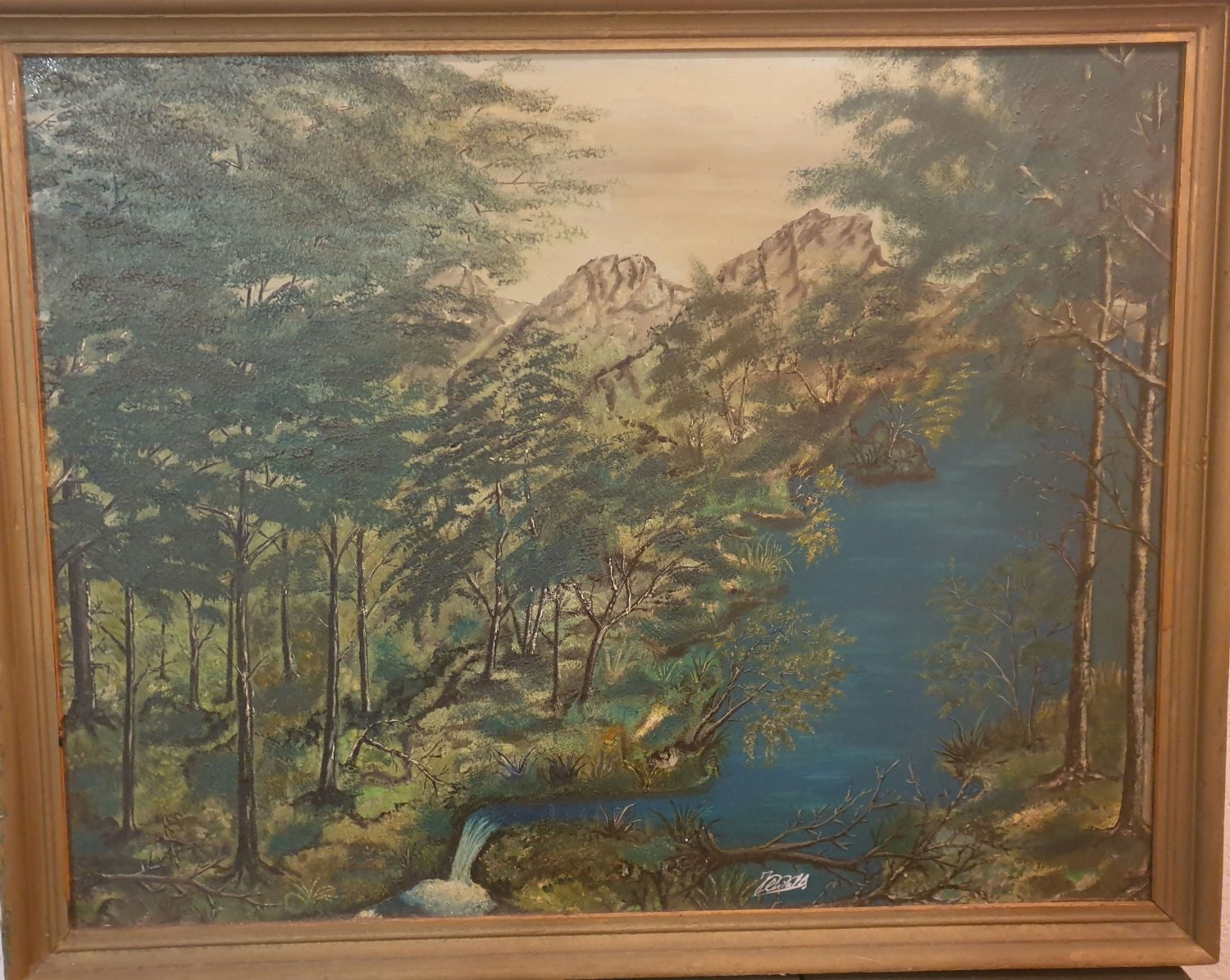 Tableau ancien signé. Paysage. Bord de rivière. Peinture huile sur toile. 