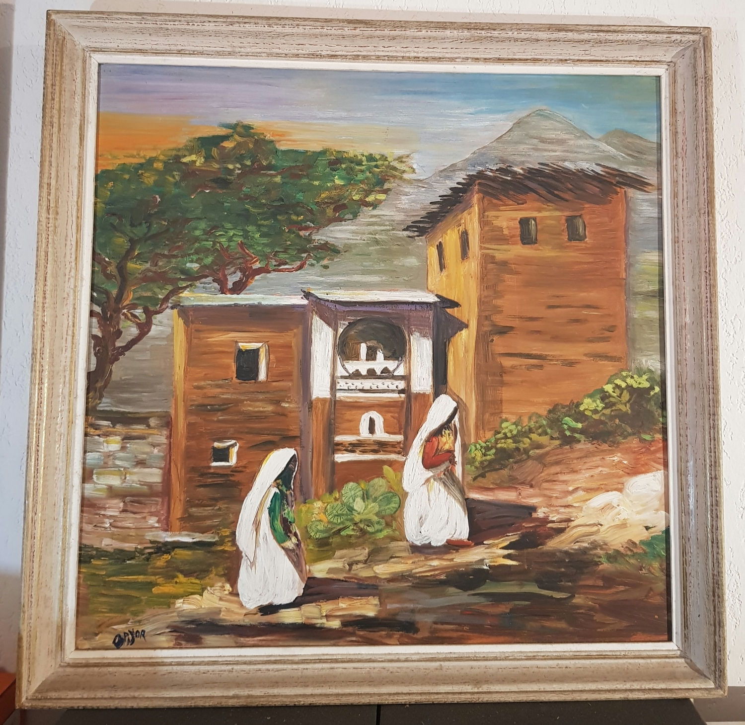 Tableau ancien signé. Paysage animé. Peinture huile sur panneau. 