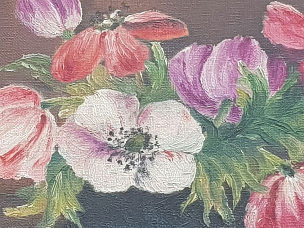 Miniature : Tableau ancien signé.  Bouquet de fleurs fleuries. Peinture huile sur toile. 
