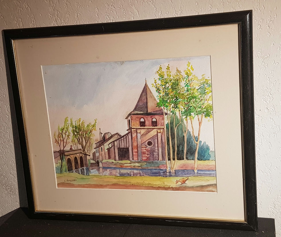 Miniature : Tableau ancien signé L. VEDRENNE .  Aquarelle.  Paysage animé. 