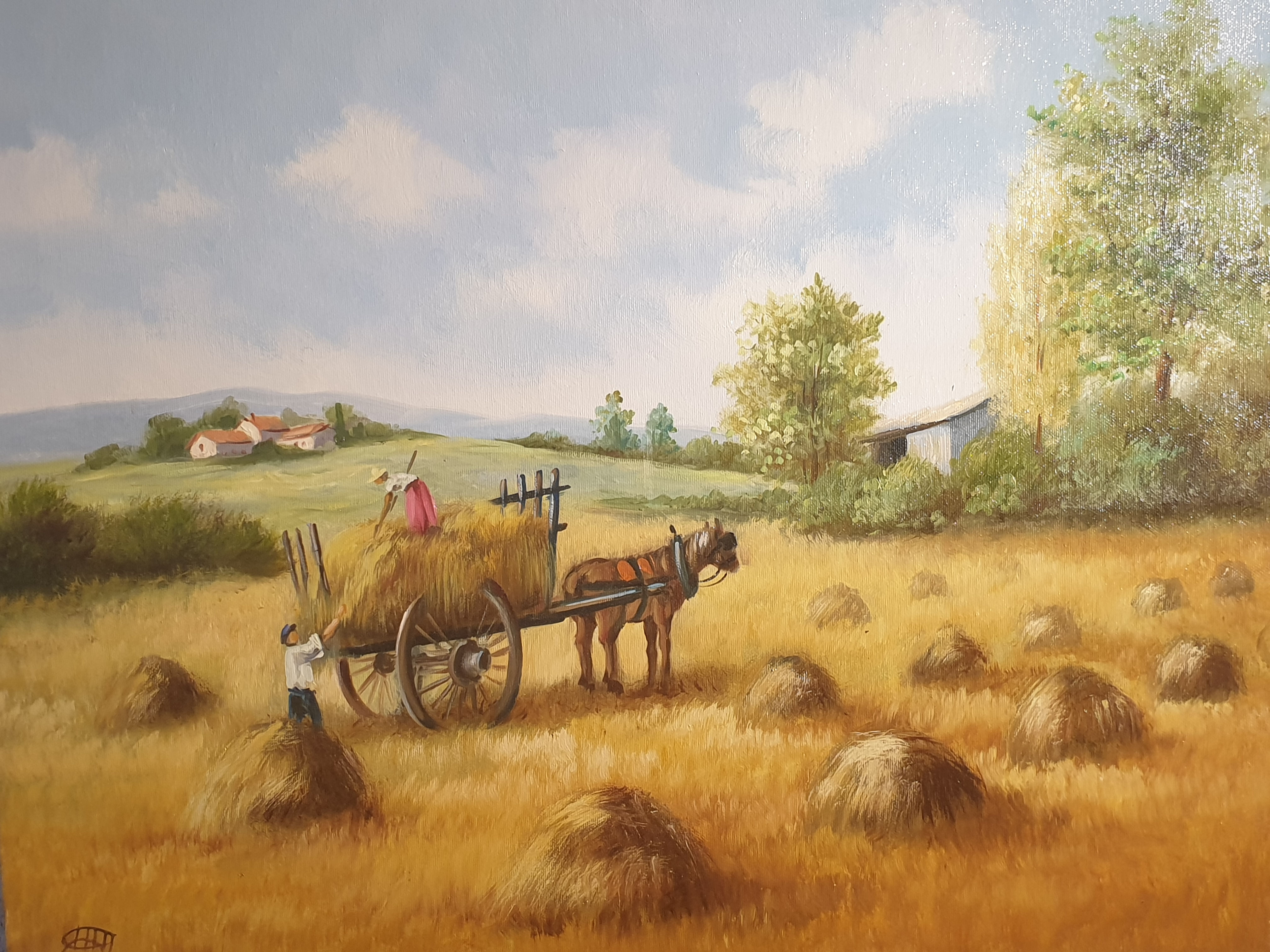 Tableau signé Roy    Paysage animé .  Peinture huile sur toile. 