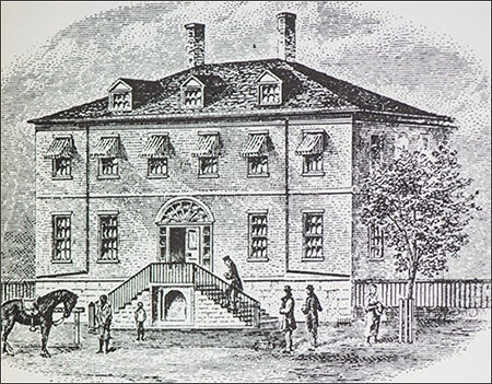 Black ink drawing of a building believed to be of the Treasury Building in Washington DC (1804) which also housed the Department of State.