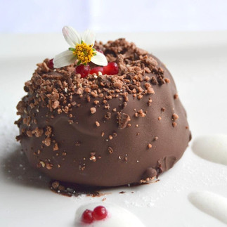Chocolate marquise decorated with a white flower on top and red fruits