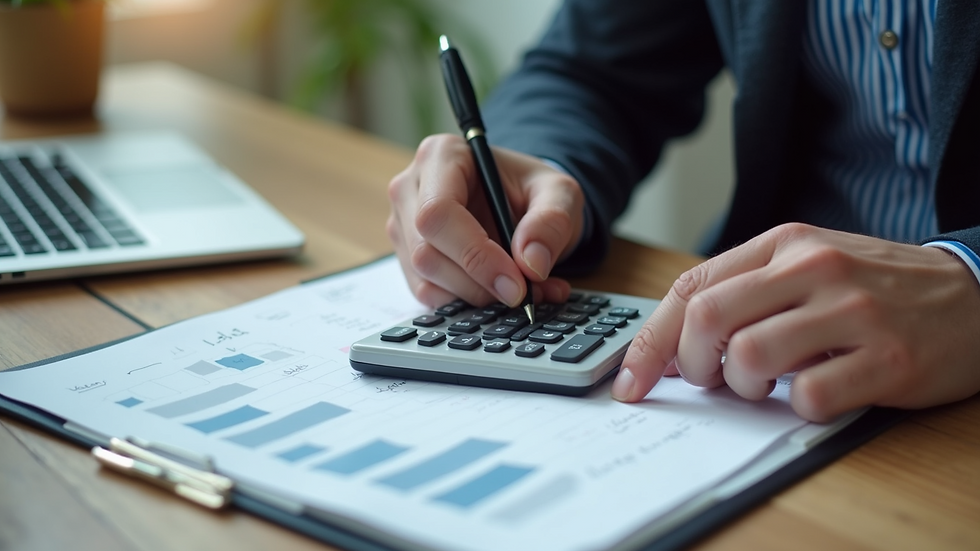 High angle view of a person calculating marketing budget on a notepad