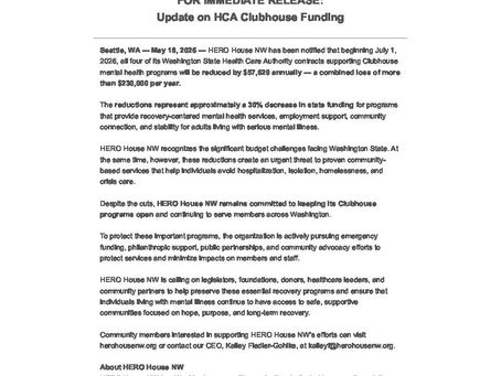 HERO House NW Announces Major State Funding Reductions Threatening Mental Health Clubhouse Services
