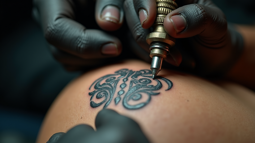 Close-up view of a tattoo machine working on a traditional Adinkra symbol