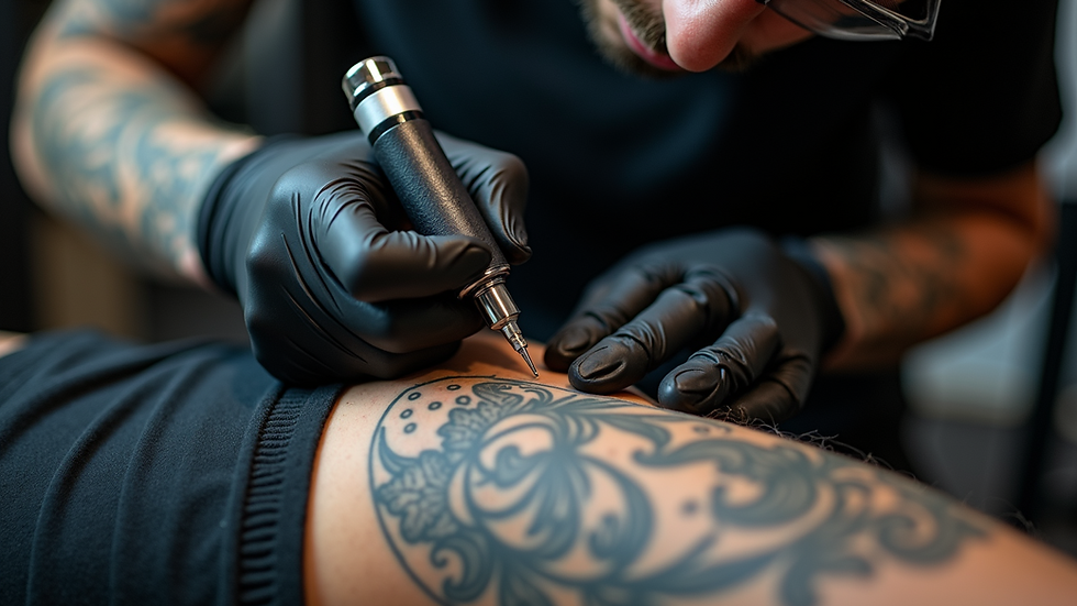 Eye-level view of a tattoo artist setting up a wireless tattoo battery