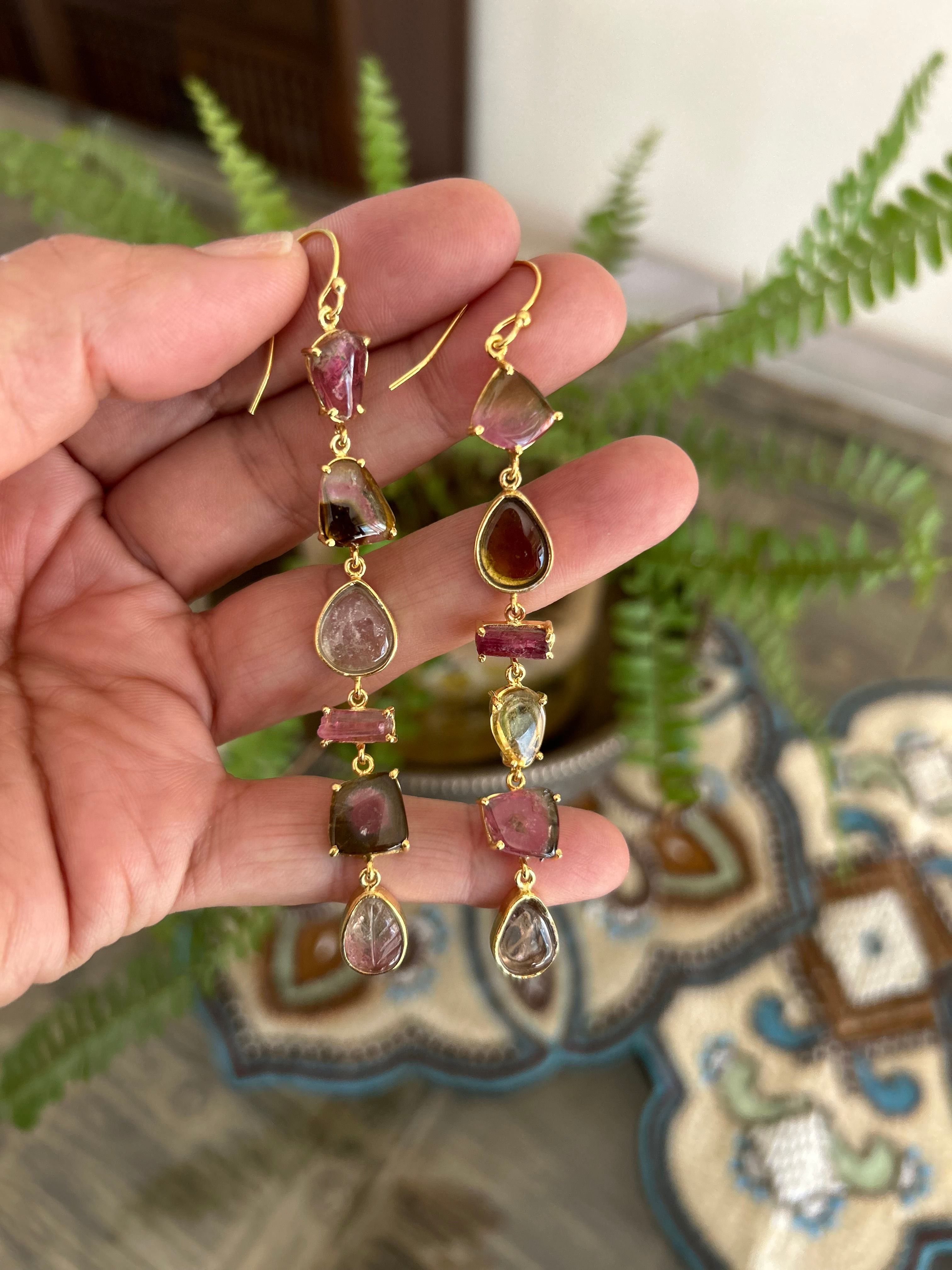Earrings, Tourmalines, gemstones,semi precious, handmade, made in India, jewelry,jewellery,joaillerie,silver,gold-plated, bli
