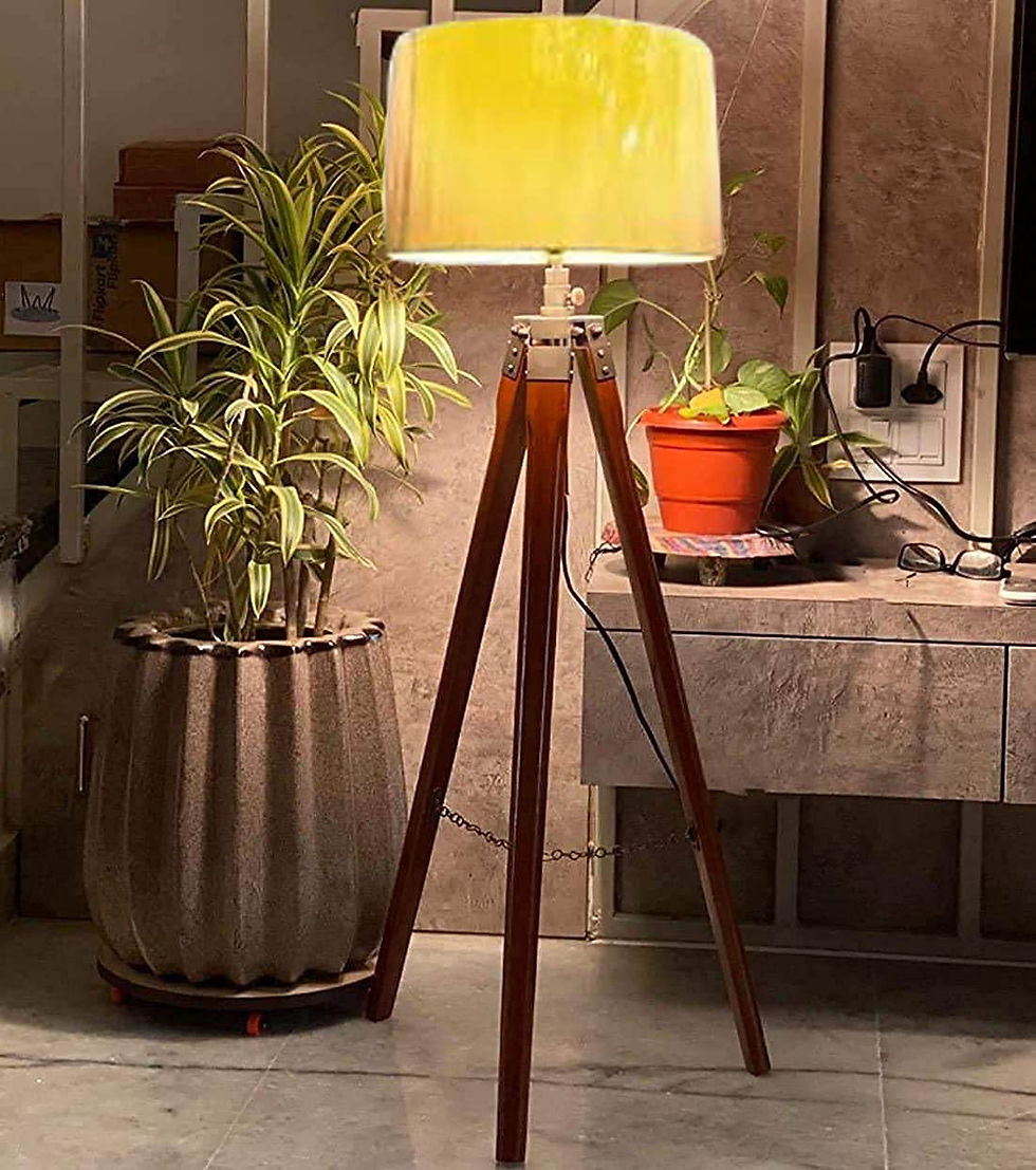 Thumbnail: Hopdezyo Italian Wooden Tripod Floor Lamp with Yellow Drum Lampshade