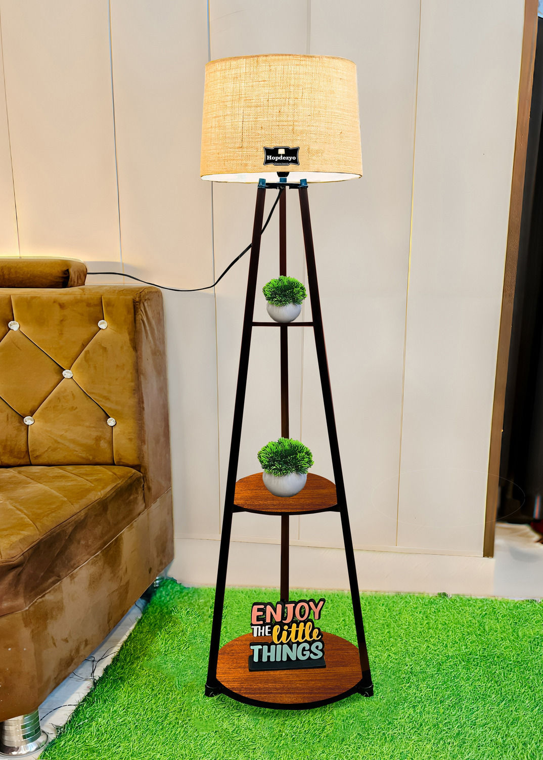 Hopdezyo metal floor lamp with shelves and beige lampshade for living room decor