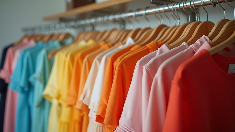 Eye-level view of a clothing rack filled with colorful polyester dresses