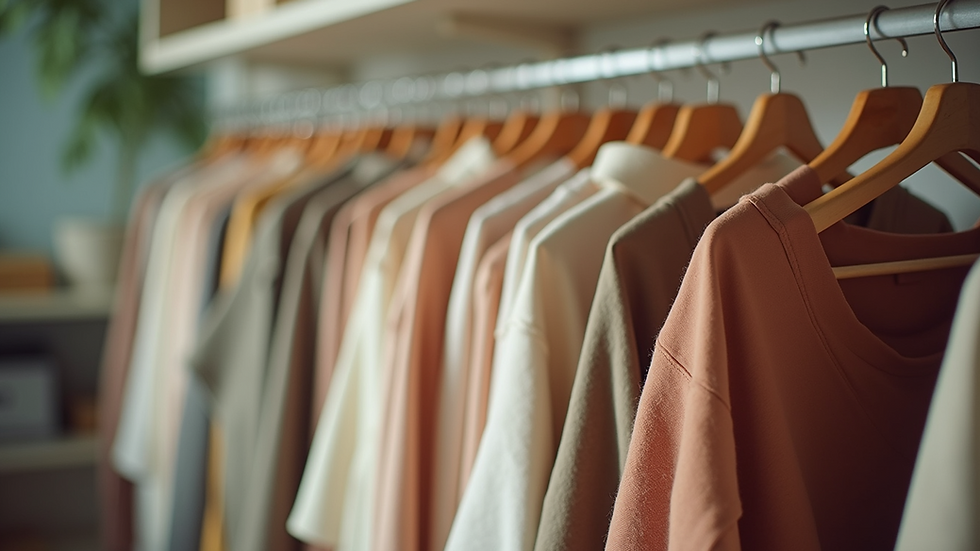 Eye-level view of a clothing rack featuring sustainable polyester garments
