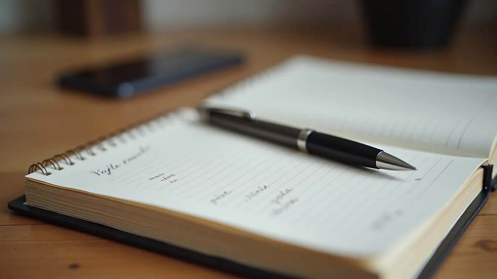 Close-up view of a journal and pen on a wooden table